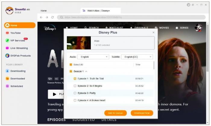 StreamFab Disney+ 解析視窗：選擇 4K 解析度、音軌與字幕