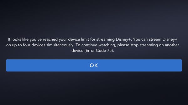 Disney+ 錯誤代碼 75 出現時的警告訊息示意