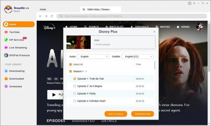 StreamFab 分析 Disney+ 影片後彈出的選集下載視窗示意