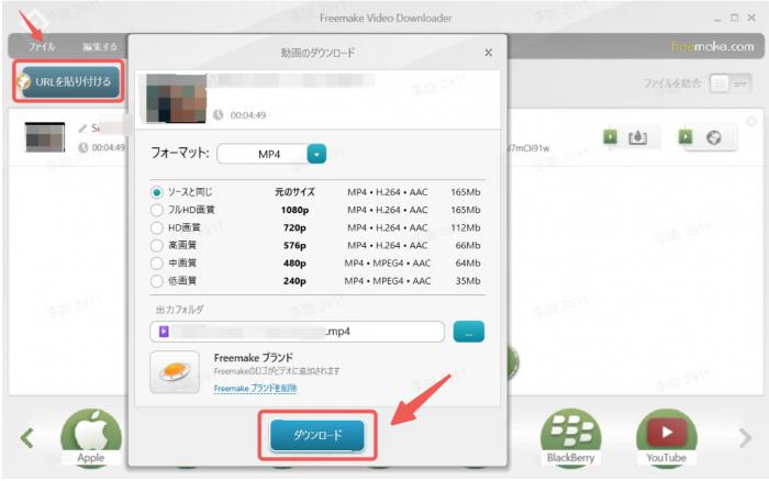 Freemake で出力形式と画質を設定する画面