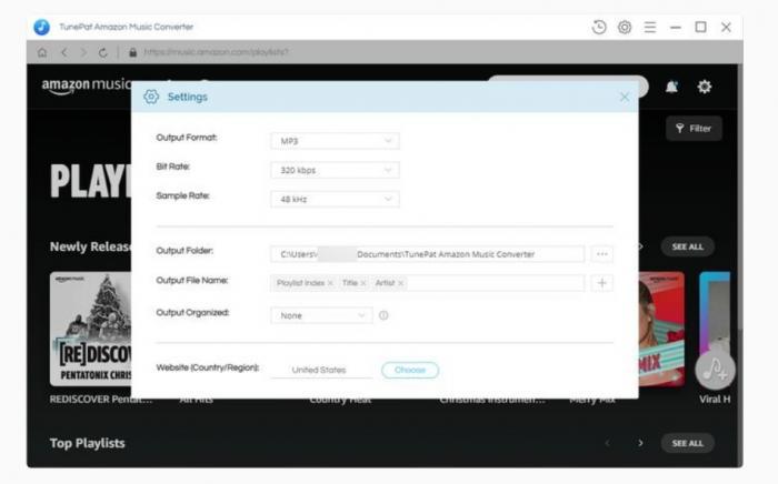 TunePat Ausgabeformat, Bitrate und Speicherpfad im Einstellungsdialog