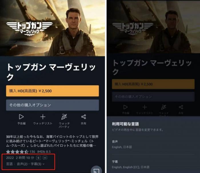 Amazon Prime Videoの作品詳細で字幕と音声の対応言語を確認する画面