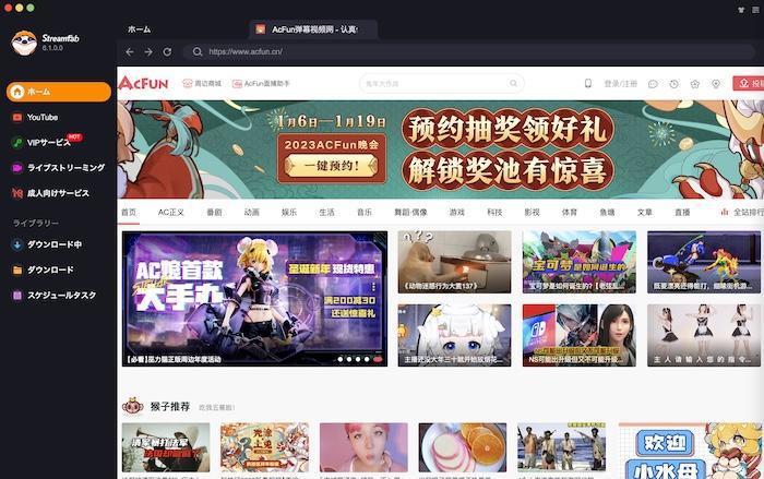 StreamFabでAcFunのコンテンツ情報を取得する画面