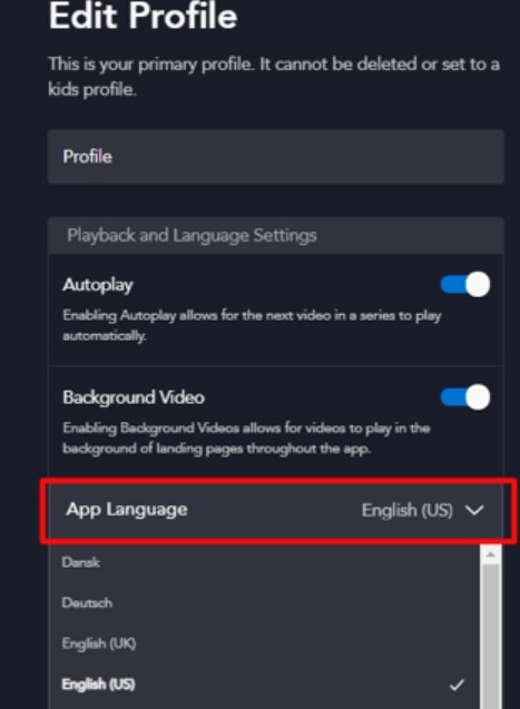 Disney+ App Language 選單:切換介面語言為繁體中文的實際畫面