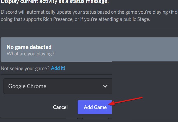 Discord 活動狀態頁面的「新增遊戲」按鈕：把瀏覽器加入清單