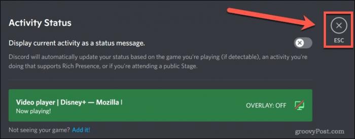 Discord 設定視窗右上角 X 按鈕：完成新增遊戲後關閉設定