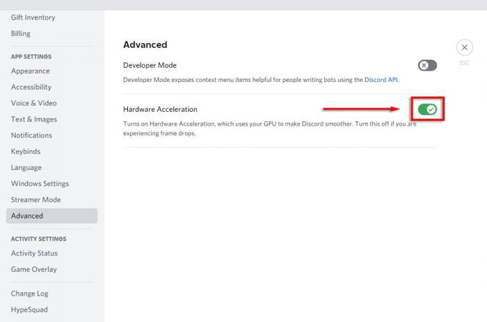 Discord 進階設定關閉「硬體加速」的實際切換畫面