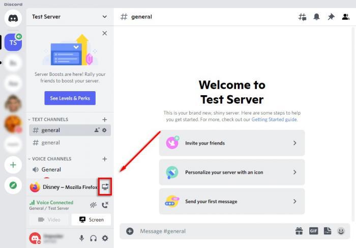 Discord 語音頻道下方的螢幕分享按鈕（監視器圖示）：開始畫面分享
