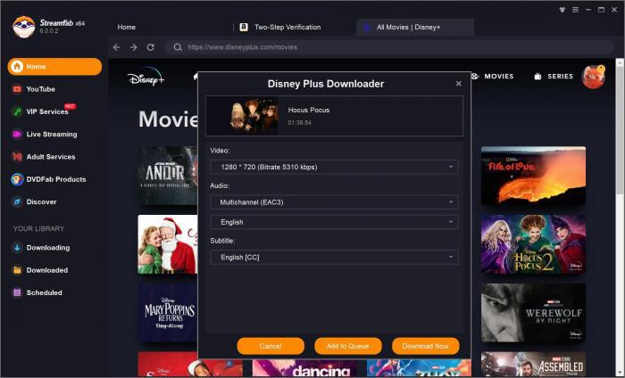 StreamFab 下載 Disney+ 影片畫質、音軌、字幕選項畫面