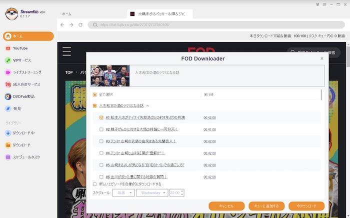 StreamFab FOD ダウンローダーでFOD作品の保存設定を確認する画面