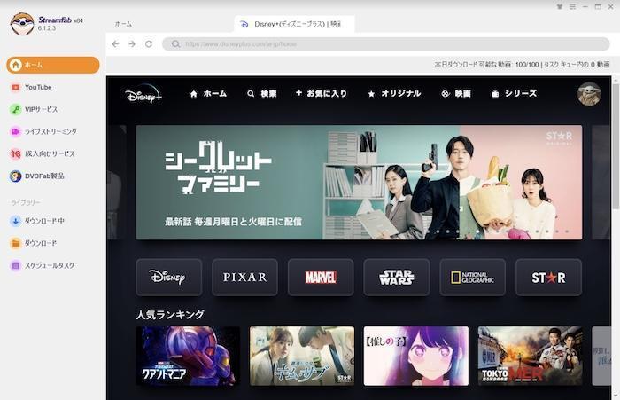 StreamFab 内蔵ブラウザでサービスへログインする画面