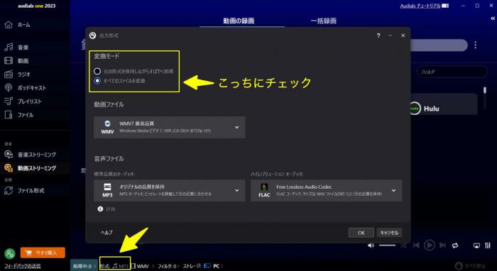 Audials の出力形式・変換モード設定画面