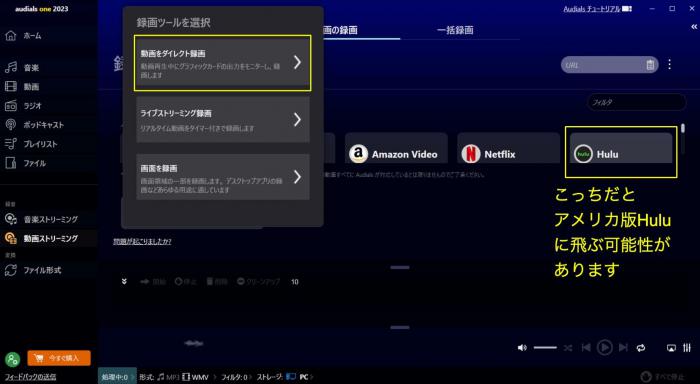Audials の「他のソース/画面録画」から日本版 Hulu を録画する画面