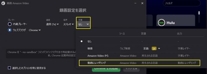 Audials の字幕言語追加・「動画にレンダリング」設定画面