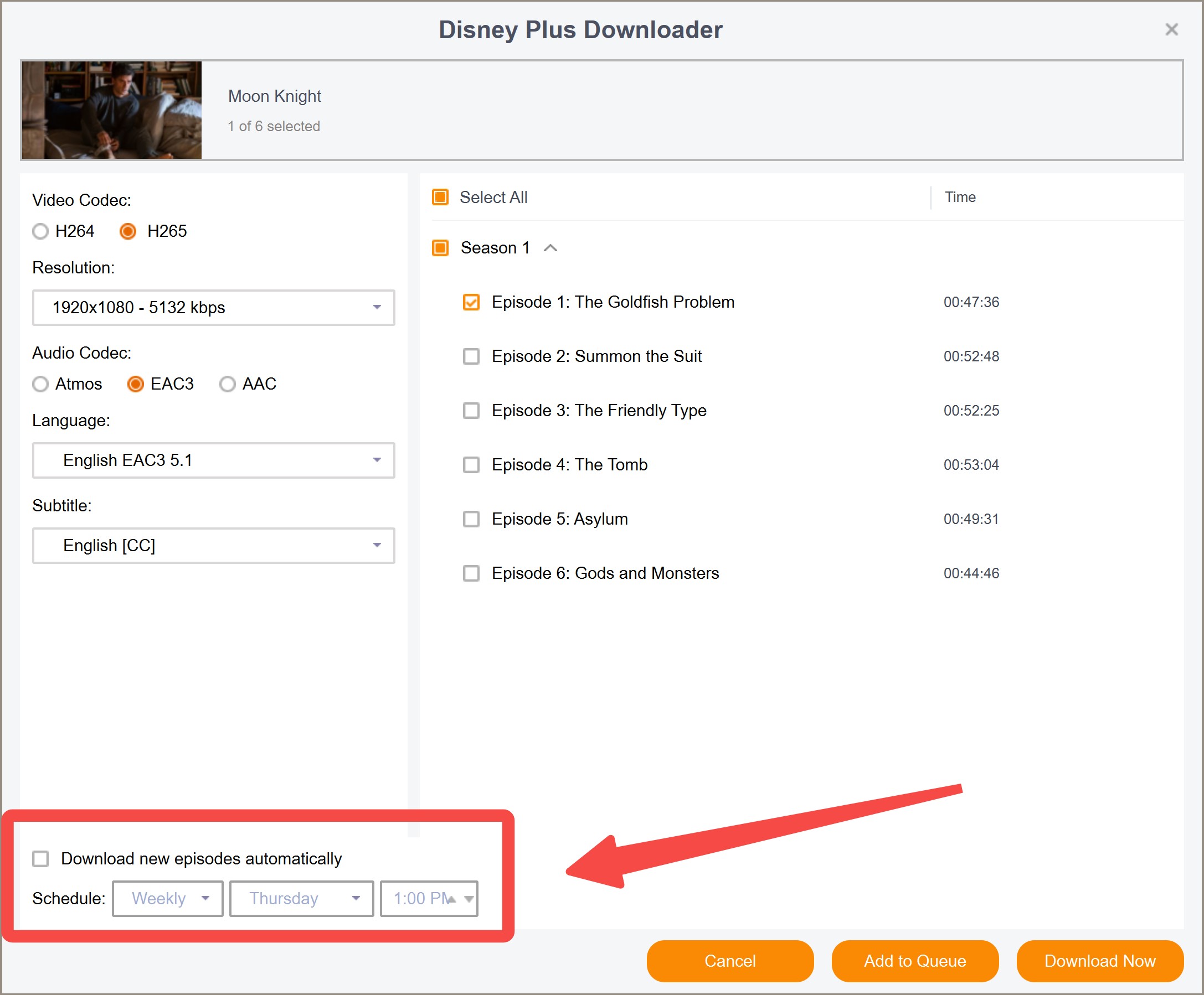 StreamFab scheduled task screen for batch episode saving
