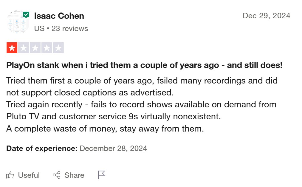 PlayOn review feedback showing recurring customer concerns