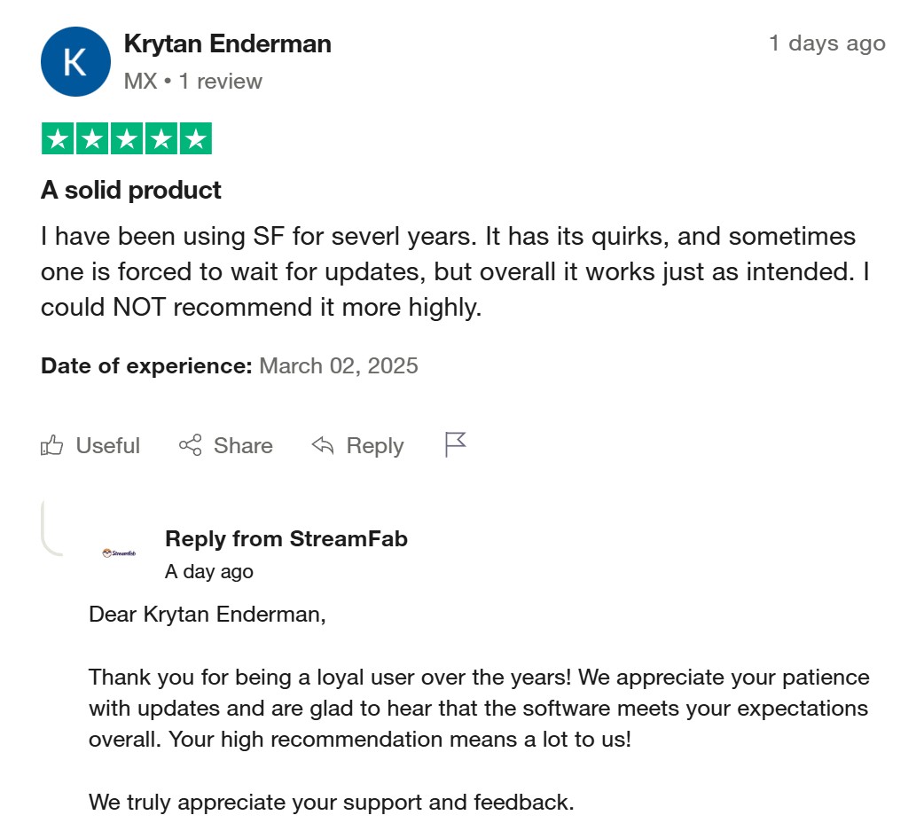 StreamFab review feedback highlighting support and output comments