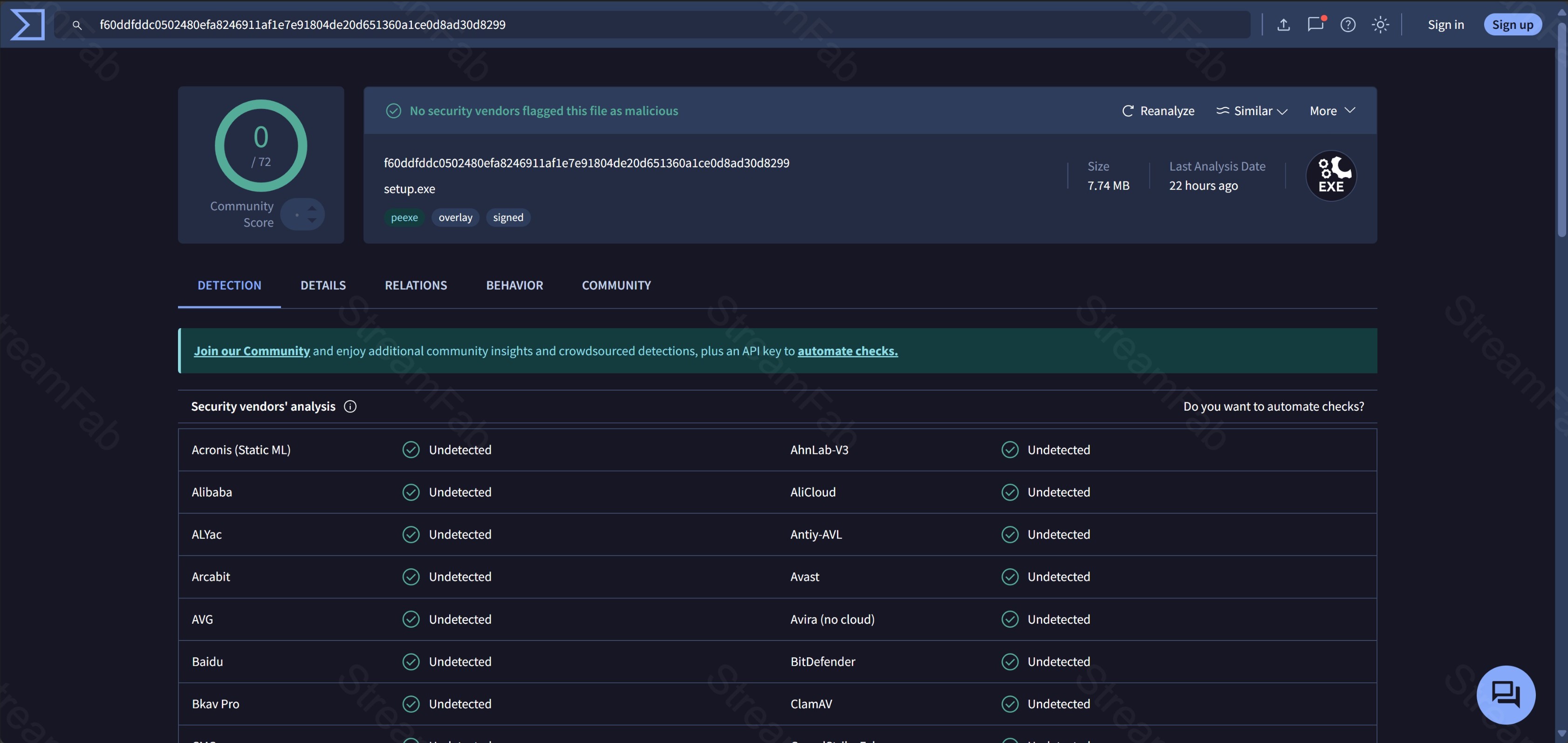 StreamFab résultat test VirusTool : aucun malware détecté