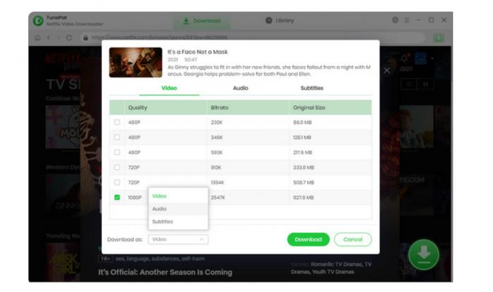 TunePat Netflix Downloader 選擇集數音軌與字幕設定