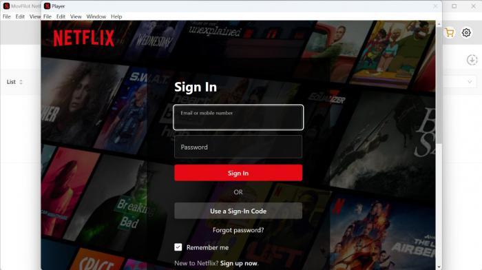 MovPilot Anleitung Schritt 1: integrierter Netflix-Browser nach dem Start der Anwendung