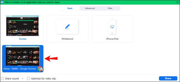 Zoom 選擇 Netflix 視窗進行即時分享