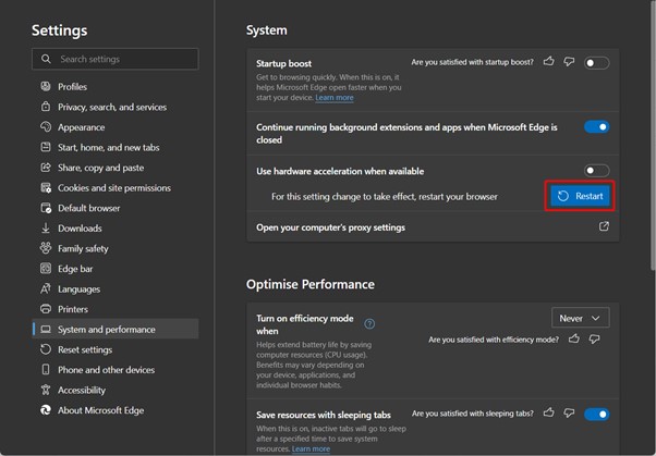 Edge 系統與效能頁重新啟動瀏覽器