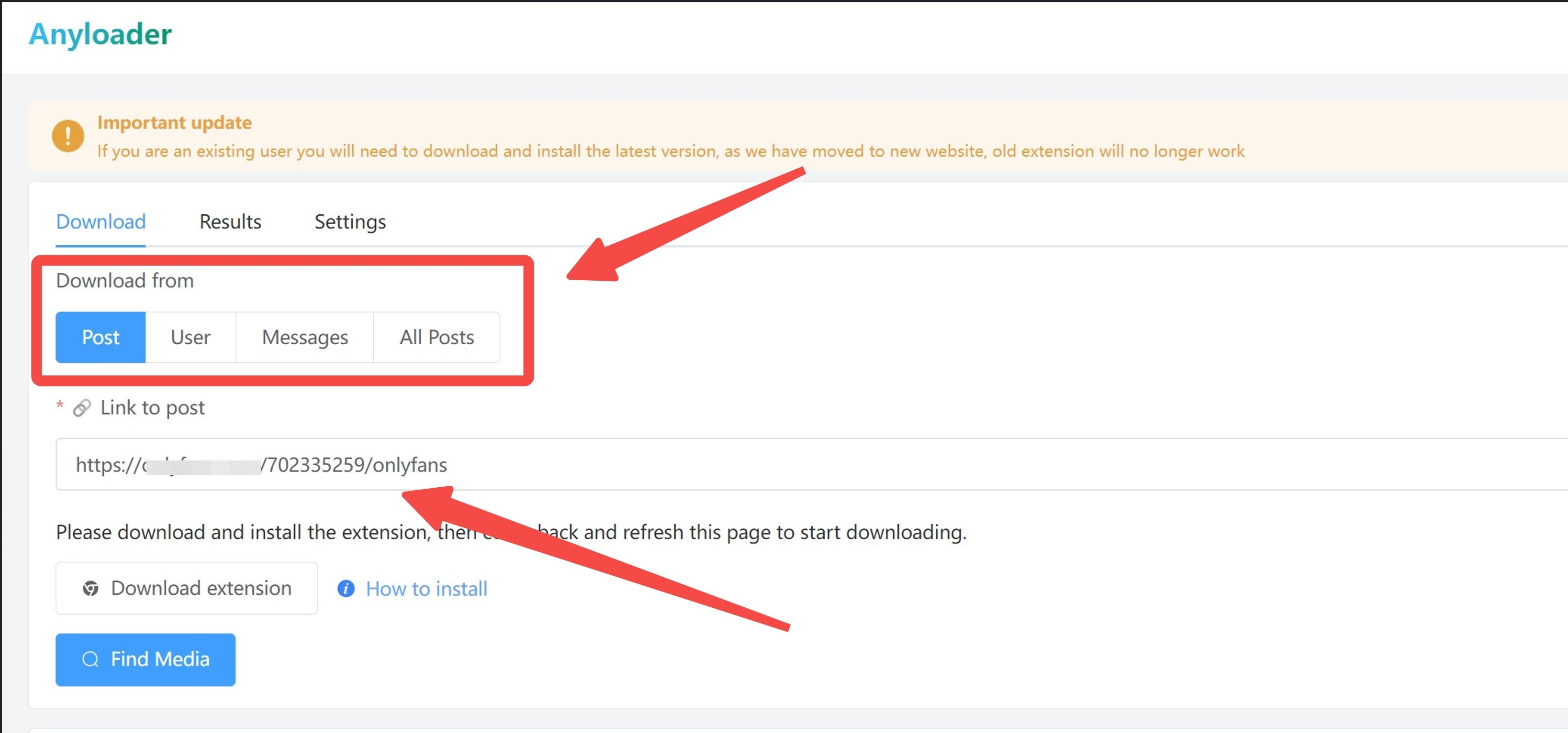 Anyloader extension setup page with an OnlyFans post URL and media type selector