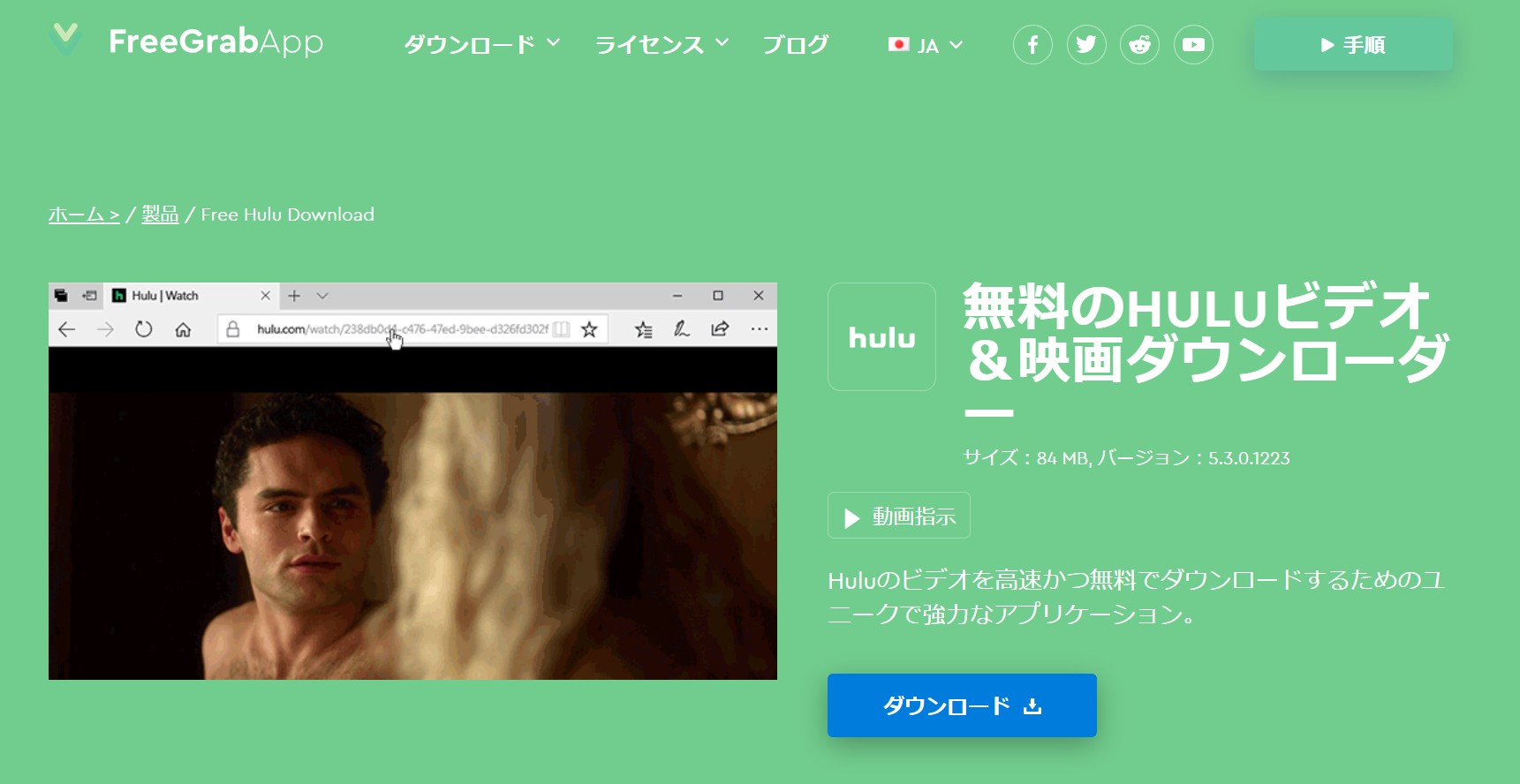 FreeGrabAppでHulu動画を扱うPC向け製品画面