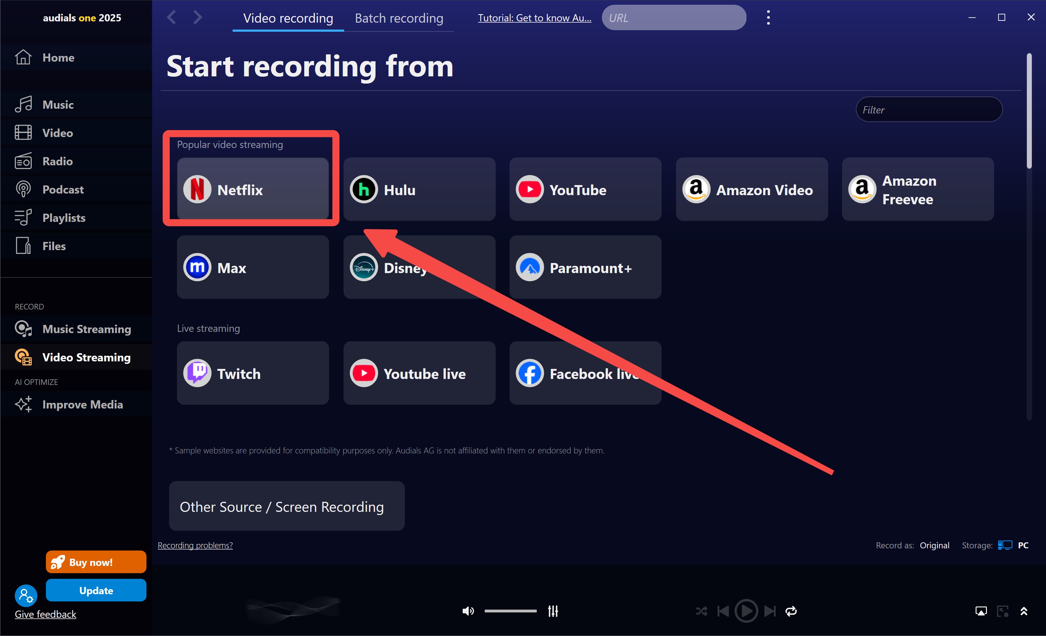 How to record Netflix to MP4 with Audials Movie: Step 1
