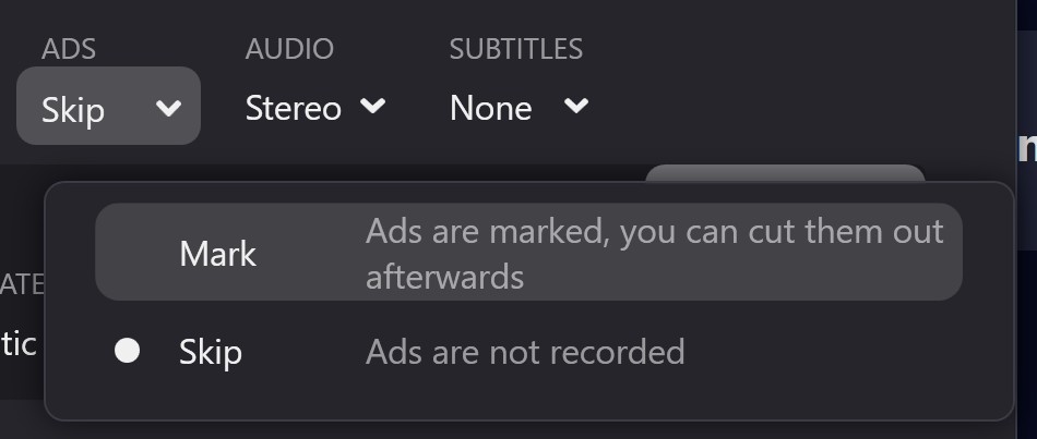 Audials One ad detection settings with auto-skip and mark-for-manual-cut modes