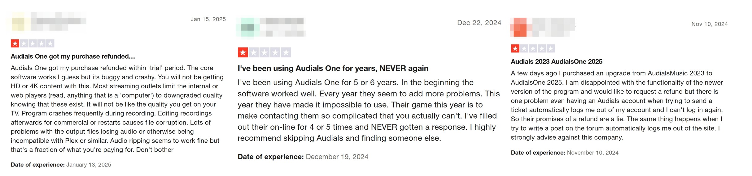 Audials customer service refund response screenshot with restrictive policy
