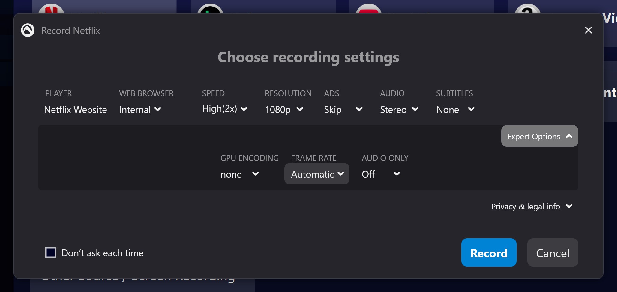 Audials One streaming service selection and recording settings panel