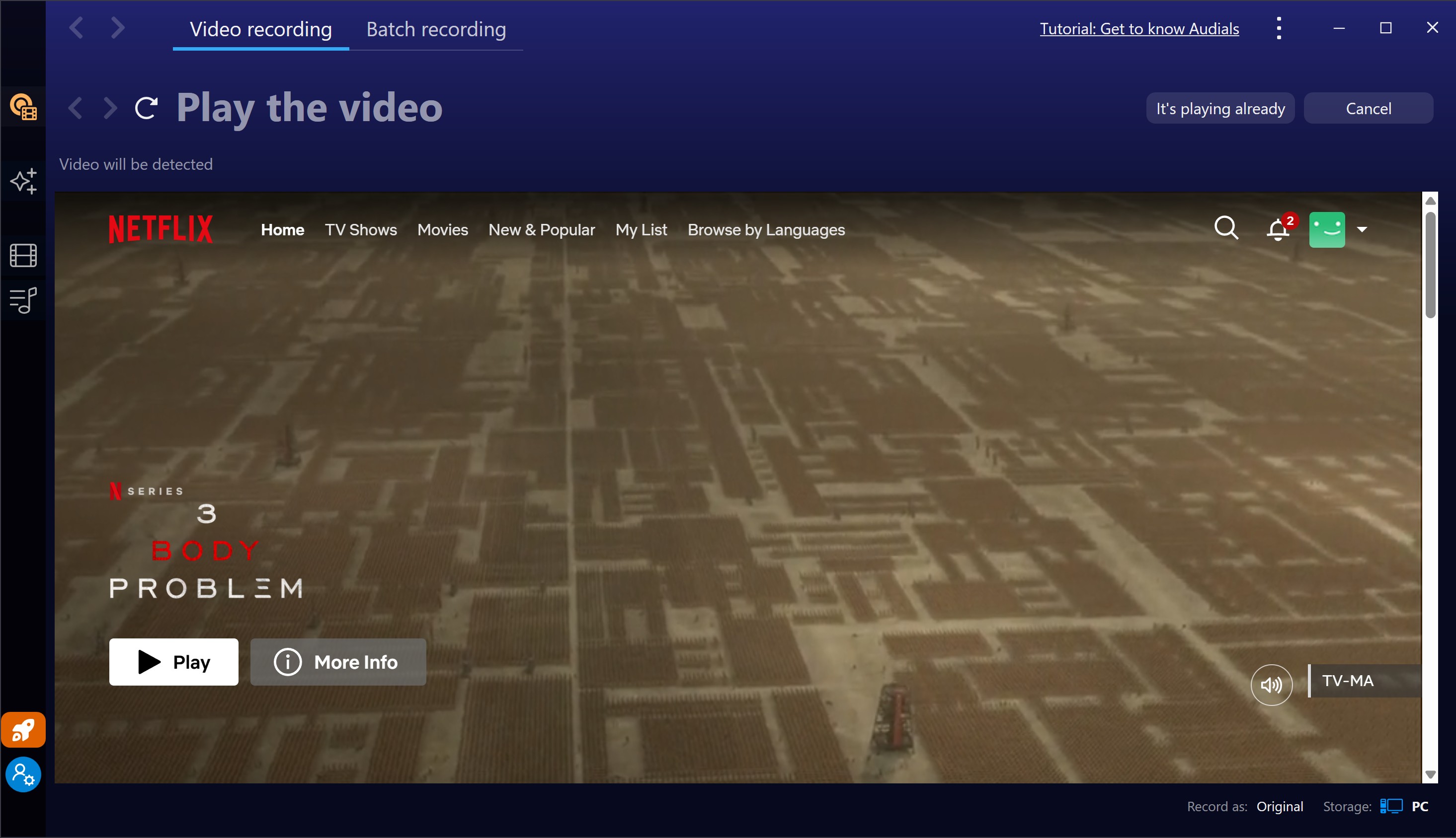 Audials One sign-in step inside the internal browser for streaming service