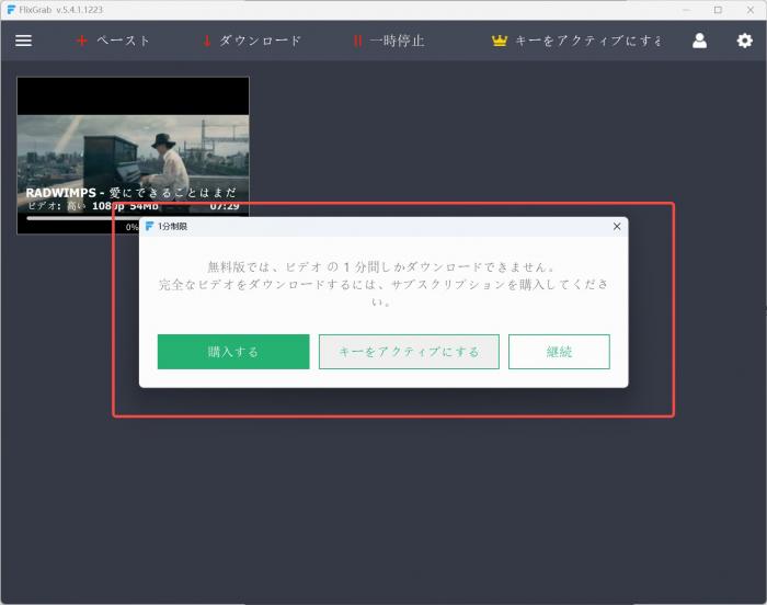 FlixGrab系ソフトの無料利用条件を確認する画面