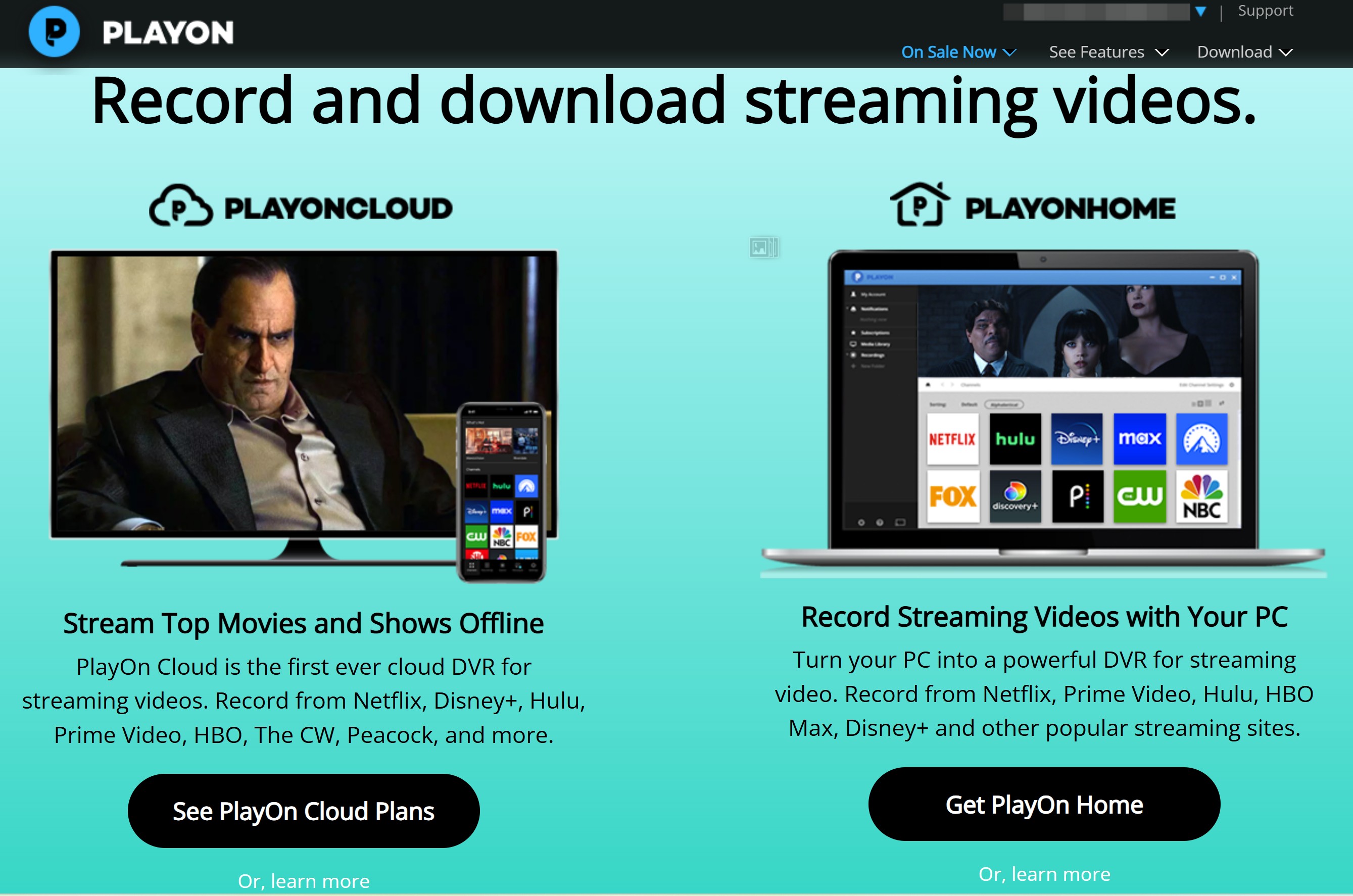 PlayOn Home and Cloud dashboard for choosing a streaming recording workflow