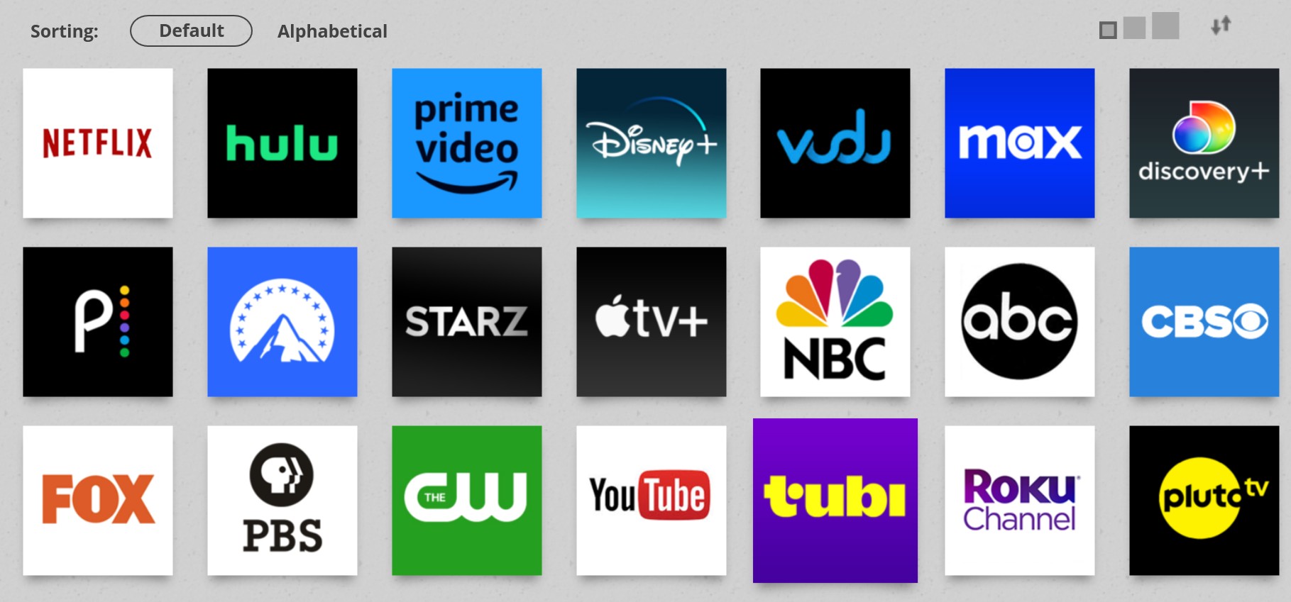 PlayOn supported streaming channels displayed in the recording interface