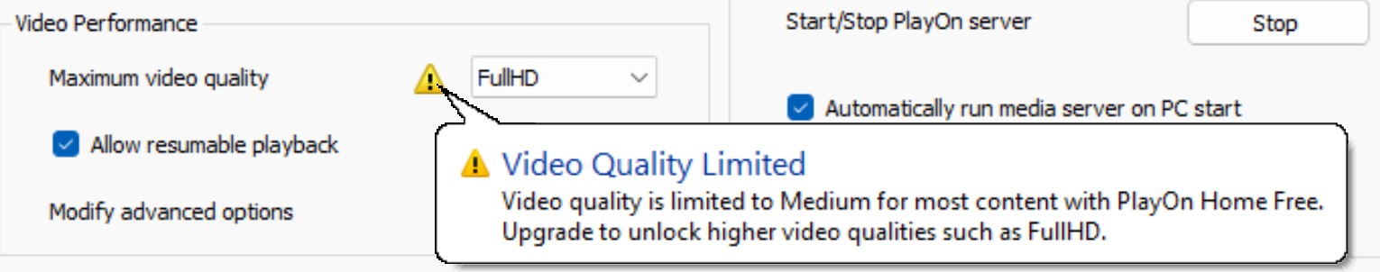 PlayOn paid recording quality setting showing the advertised 1080p option