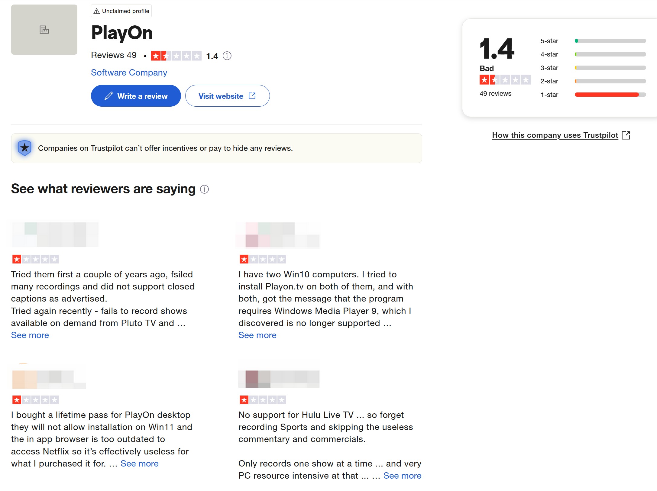 PlayOn customer review discussing support and recording reliability