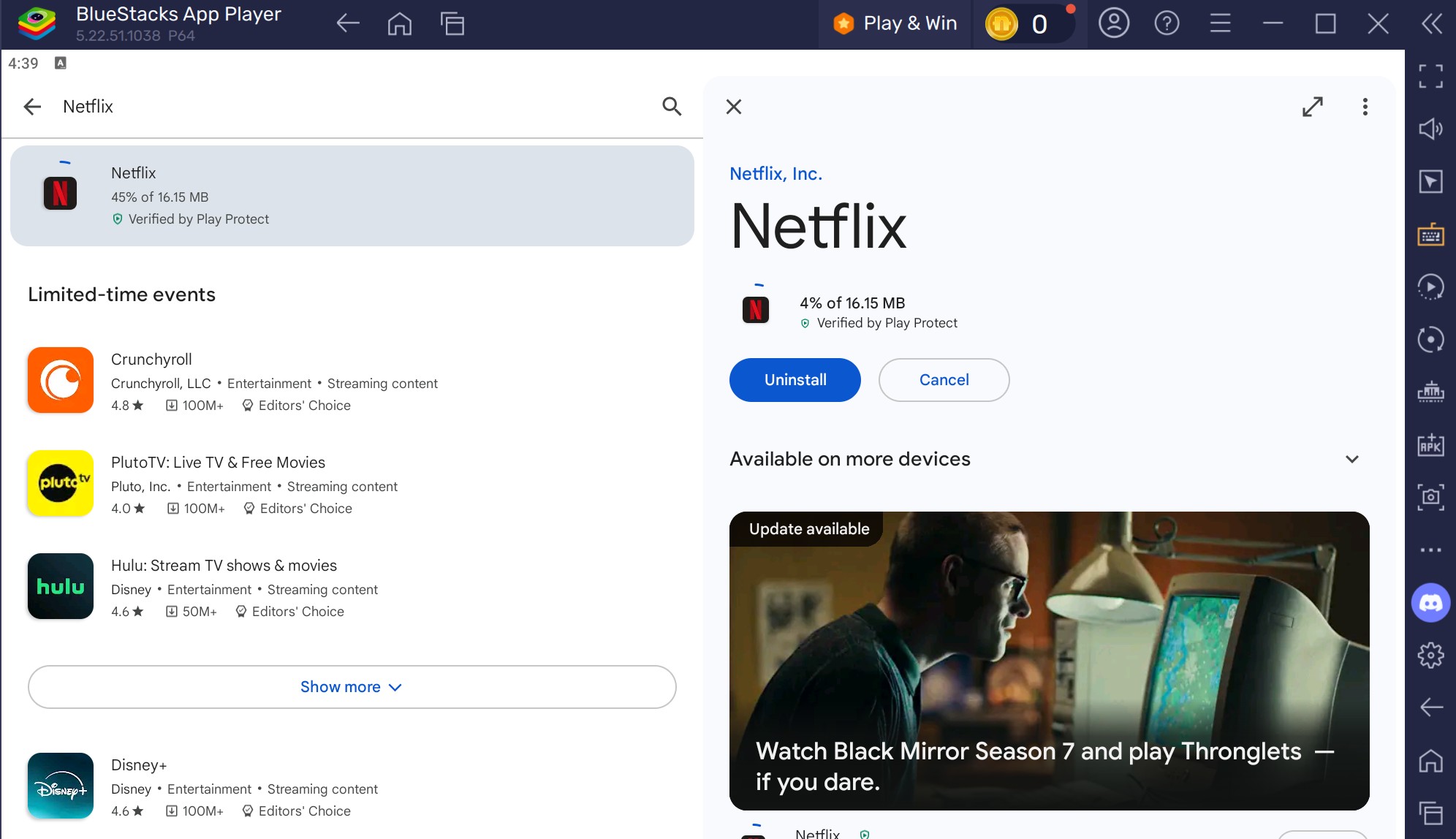 Netflix Android app being installed inside the emulator's built-in Google Play Store