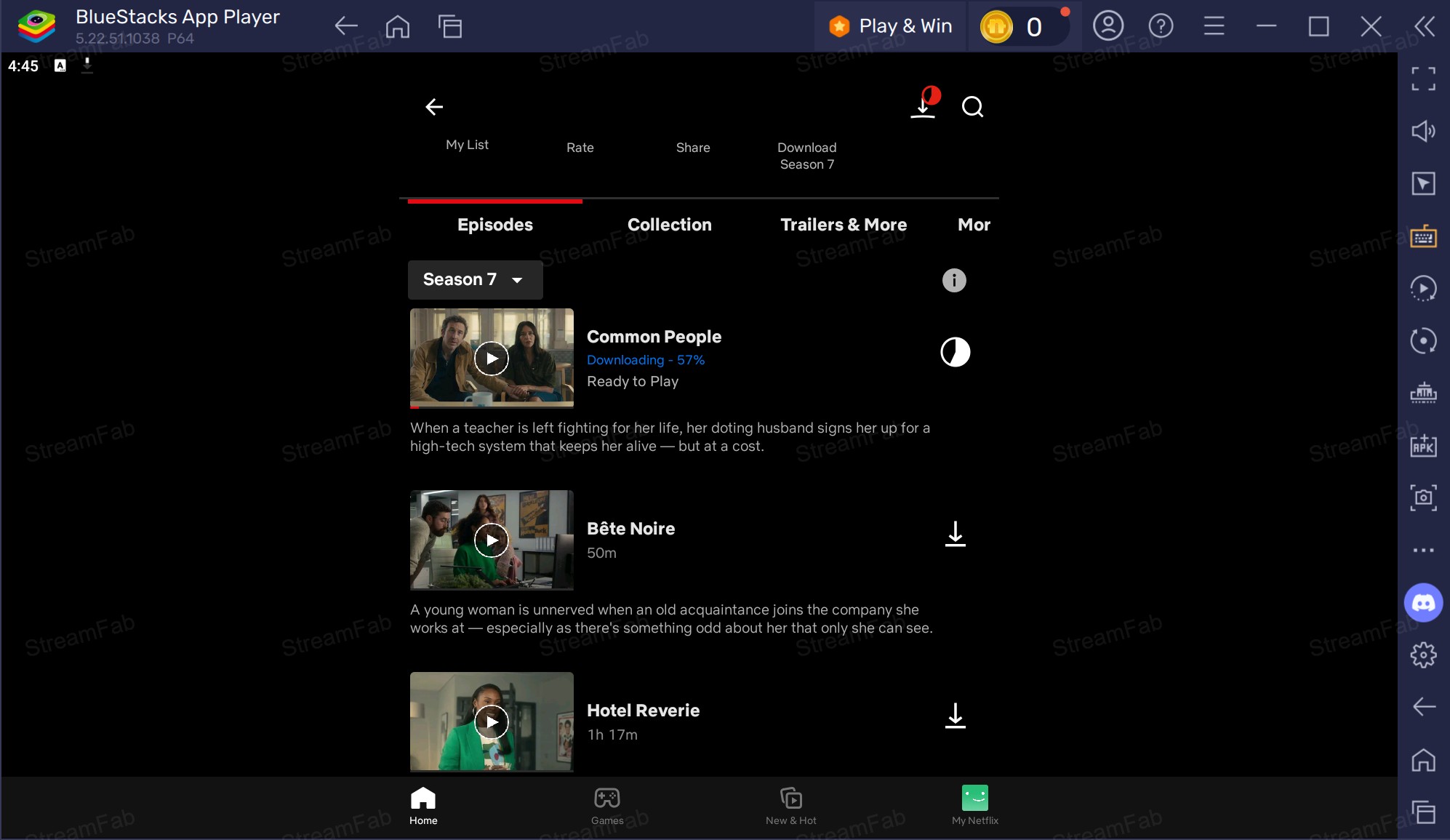 Netflix Android app inside the emulator showing the download icon for an eligible title