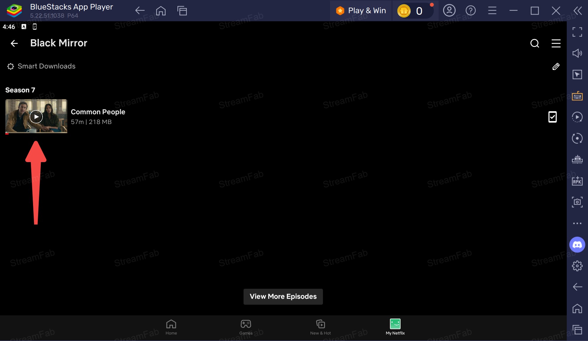 Emulator Downloads tab in the Netflix Android app playing a title for personal offline viewing