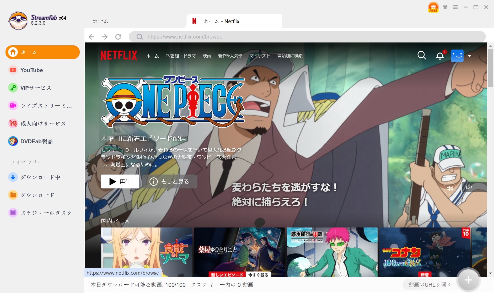 StreamFabでNetflixにログインしてコンテンツを再生する画面
