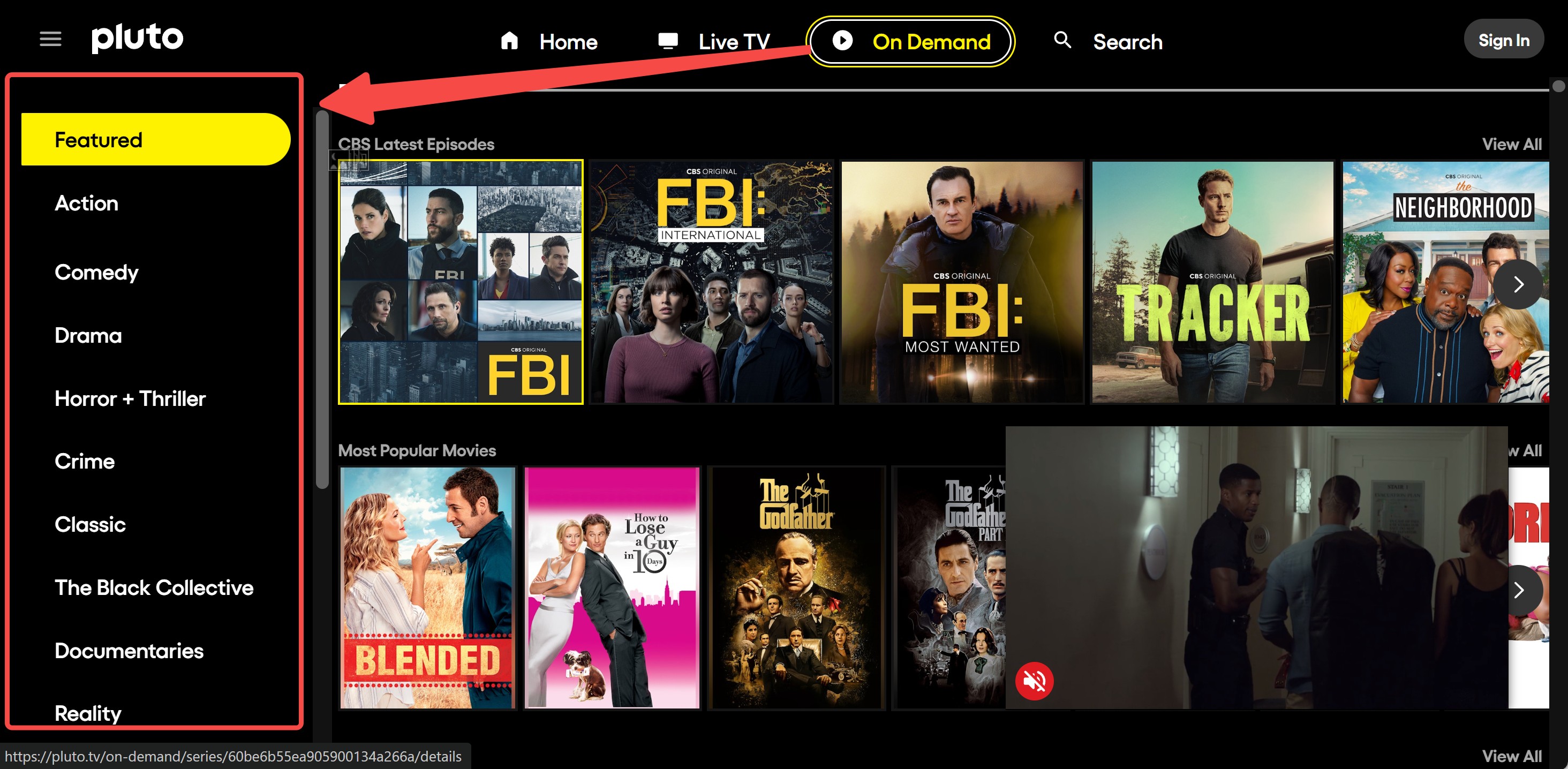 Search on Pluto TV on unsupported devices by selecting a service