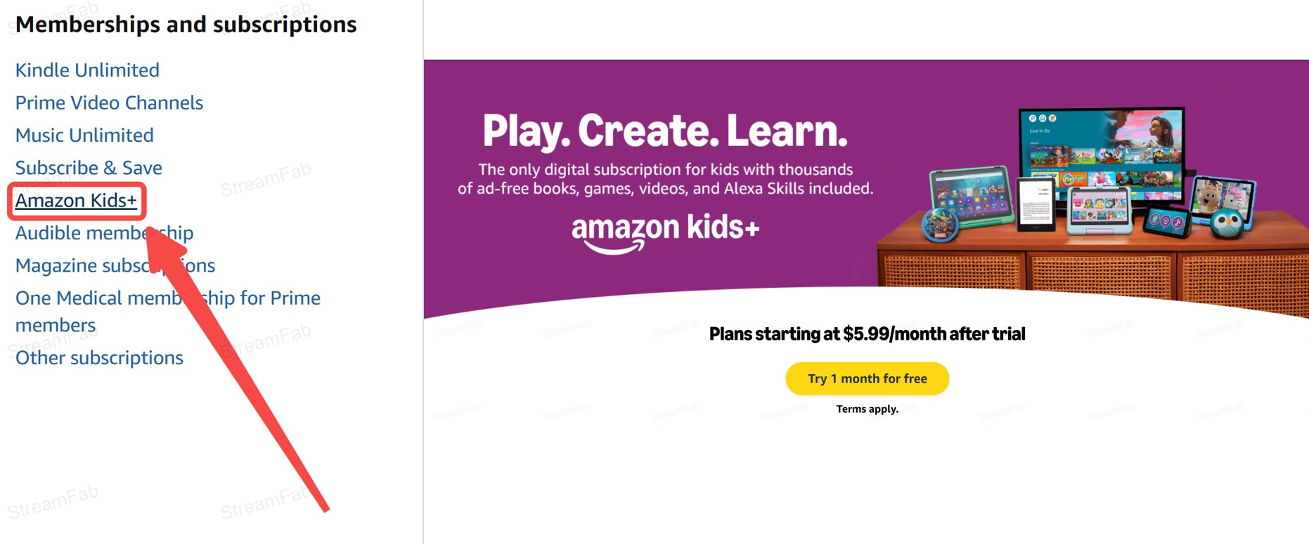 Amazon Kids+ content options for an Amazon Family child profile
