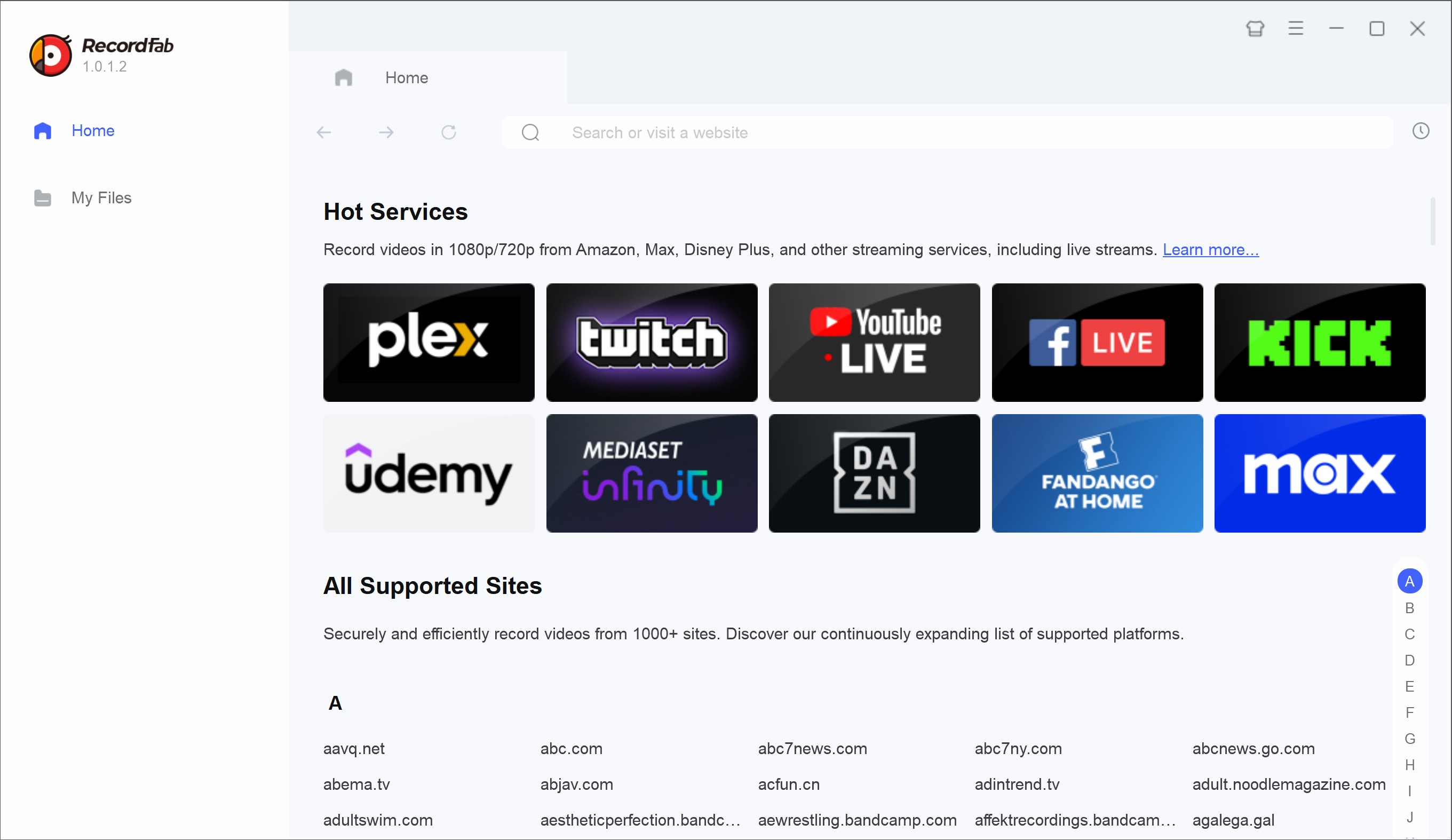 RecordFab launch screen ready for a DRM-protected streaming session with no account sign-up needed