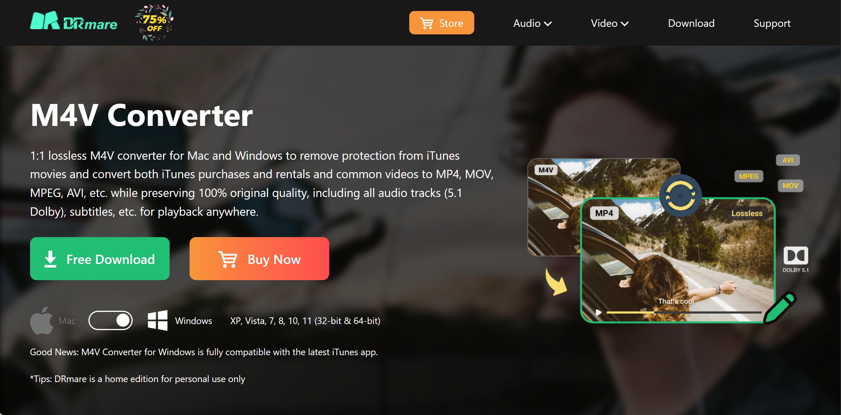 DRmare M4V Converter workspace narrowed to iTunes and Apple TV M4V purchases and rentals
