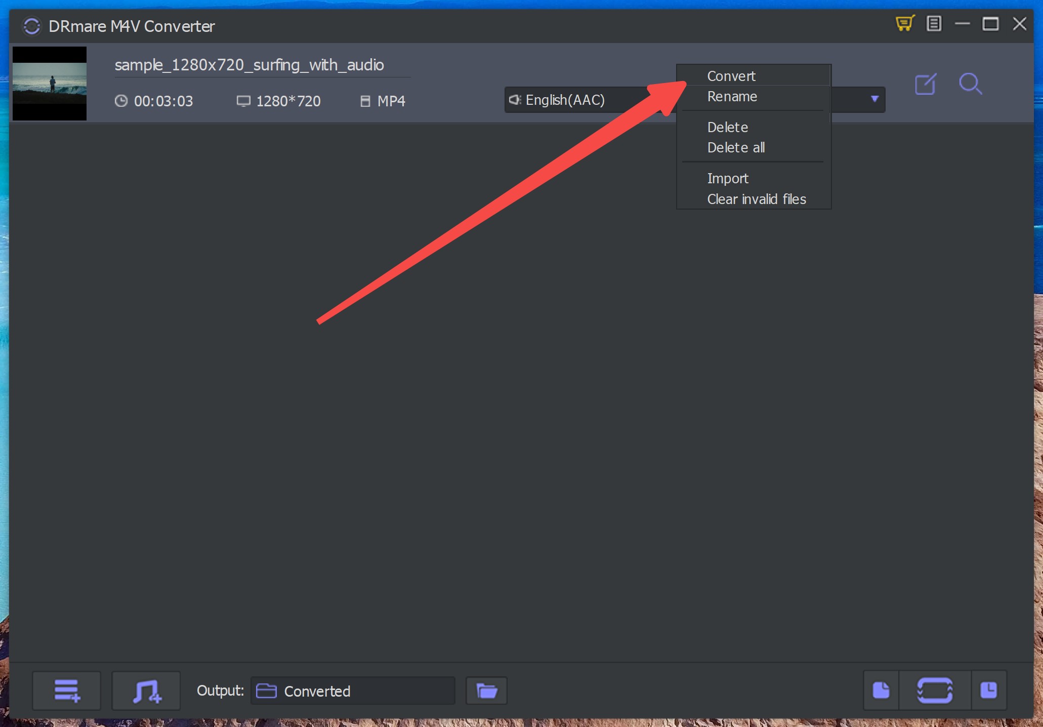 DRmare Convert action turning an iTunes M4V rental or purchase into a standard MP4 file