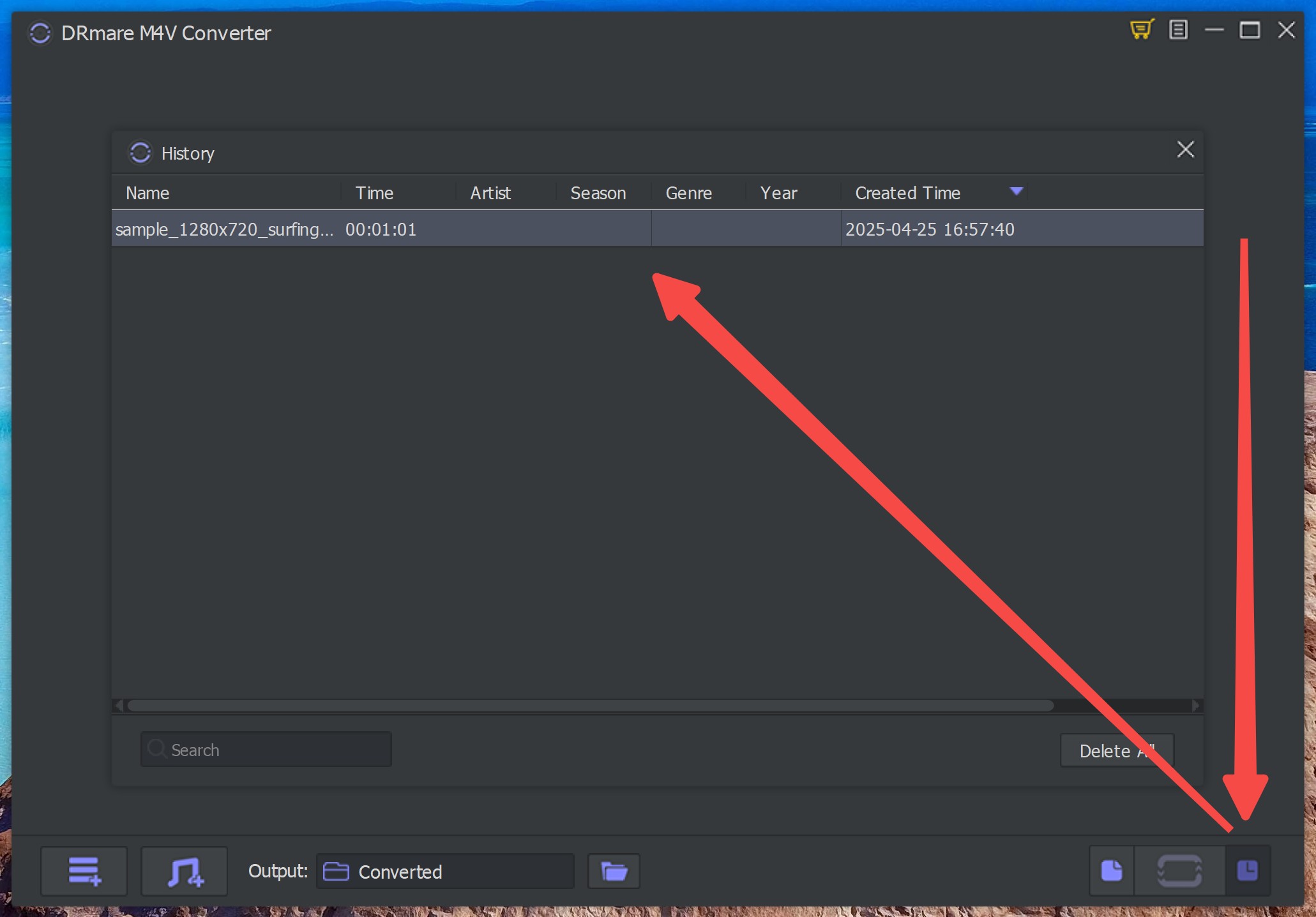 DRmare History panel exposing the completed MP4 conversion from the iTunes M4V source