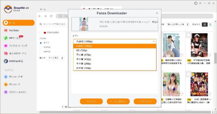 StreamFabでの画質設定とダウンロード開始ウィンドウ