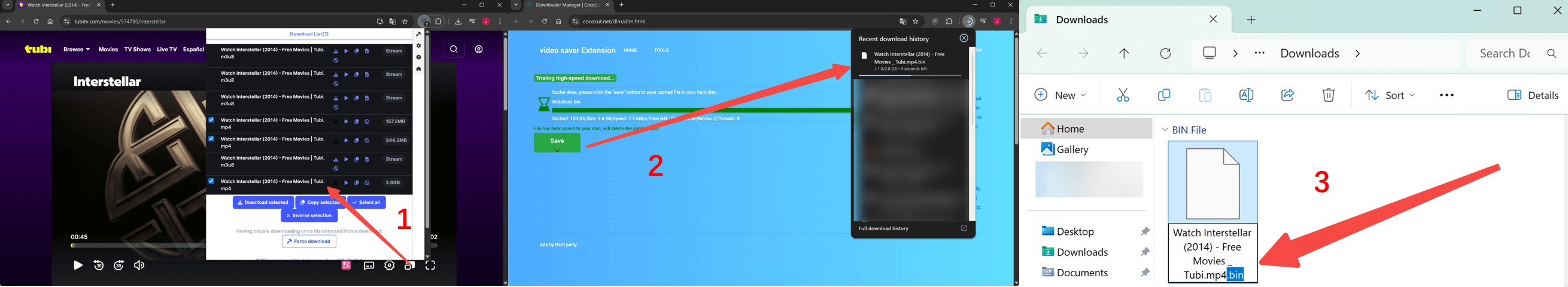 CoCoCut Tubi to MP4 workflow with .bin to .mp4 rename step on 2026 browsers